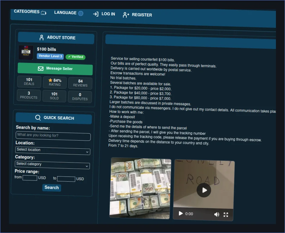 darknet marketplace selling counterfeit US dollars