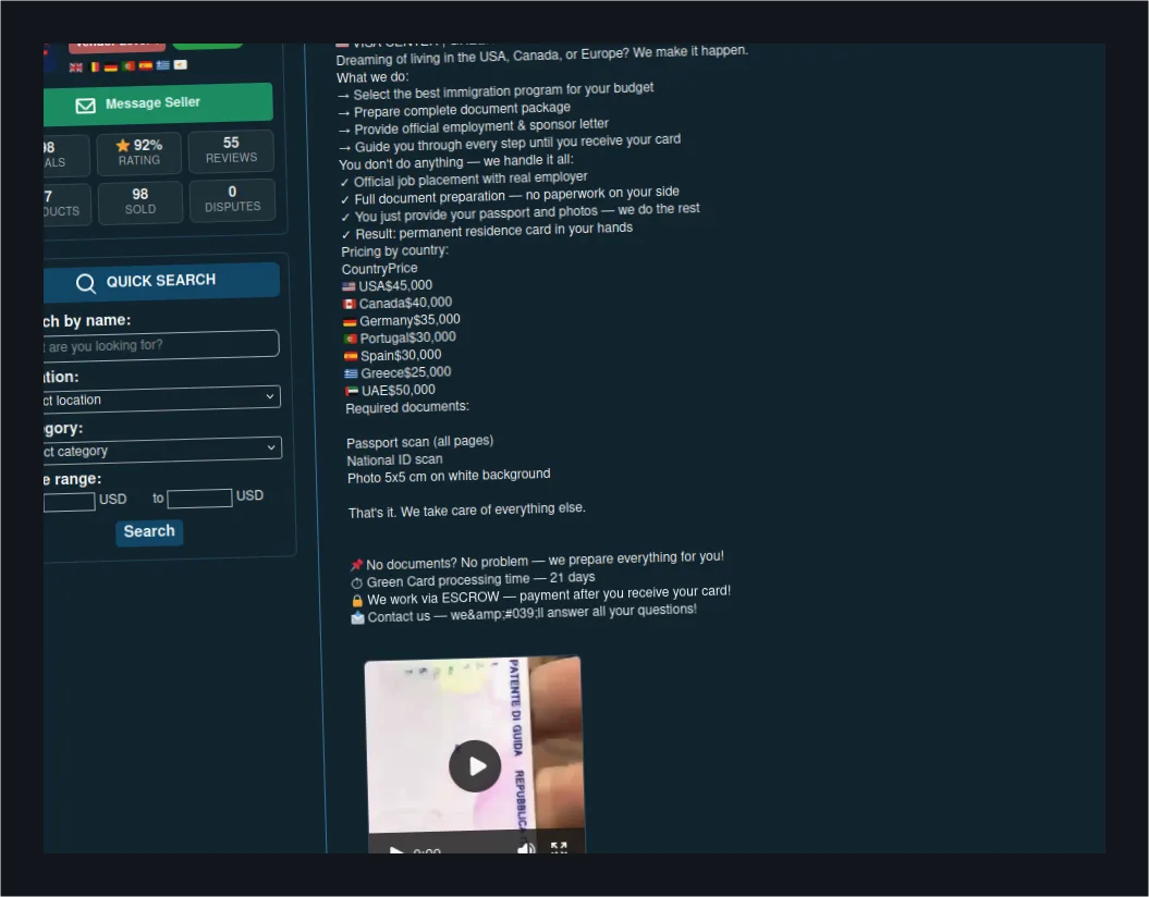 Dark web scams for passports